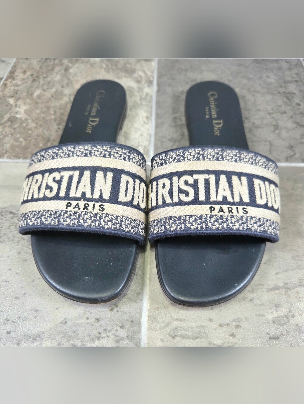 CHRISTIAN DIOR DWAY SLIDES EMBROIDERED CANVAS SANDALS.